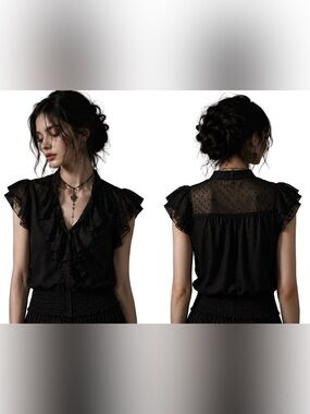 Ambiance Black Romantic Ruffled Feninine Fairy Cap Sleeve Blouse Size Medium